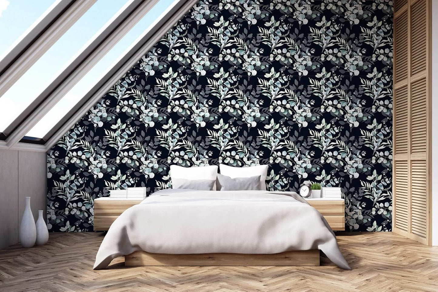 HAOKHOME Peel and Stick Wallpaper Boho Green/White Botanical Leaf Floral Wall Mural Home Nursery Decor Renter Friendly Wallpaper 17.3in x 9.8ft