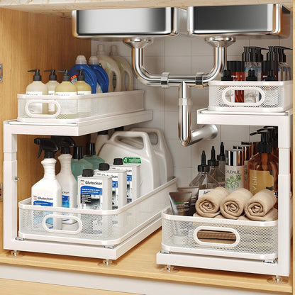2-Pack Under Sink Storage Organizer with 2-Tier Slide Out Drawer, Sophisticated Mesh Pull Out Shelf for Kitchen & Bathroom, Fits Small Items, Upgraded Arched Track for Smooth Gliding(Patented)