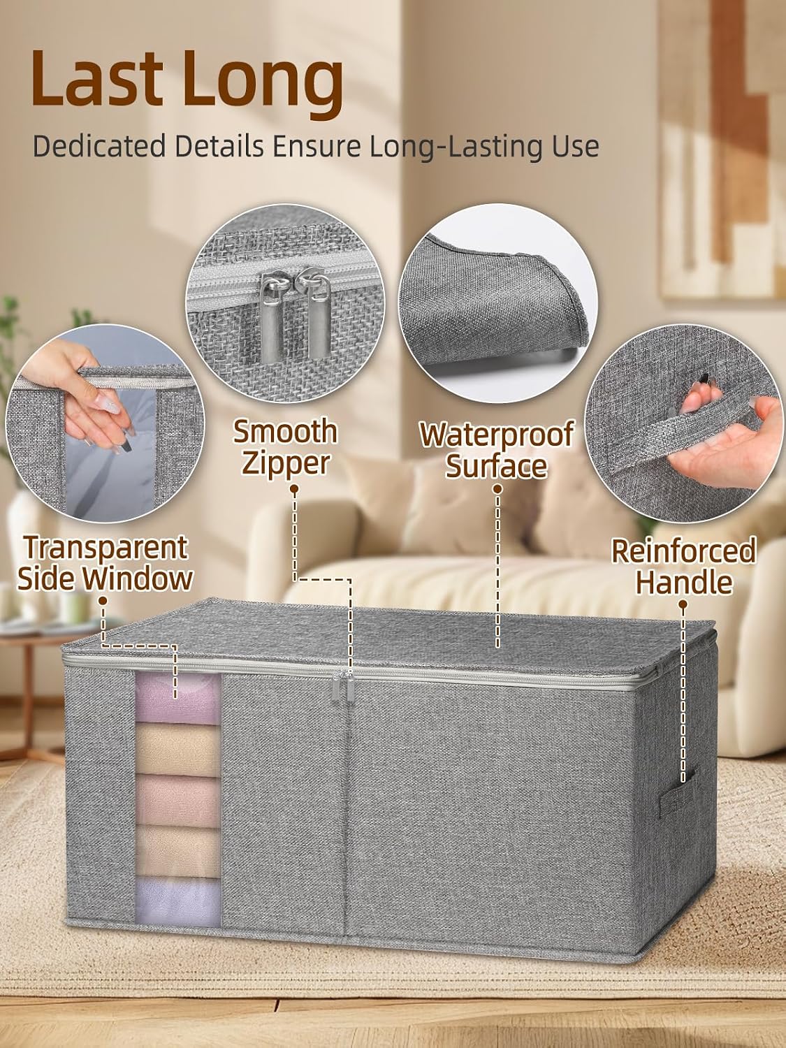 60L Blanket/Comforter Storage Bag w/Rigid Side & Bottom Support, Stackable Clothes Storage Bin for Sweaters Bedding Sets Quilts Pillows, Closet Organizer, 21.7x14.2x11.8in, 2 Pack, Gray