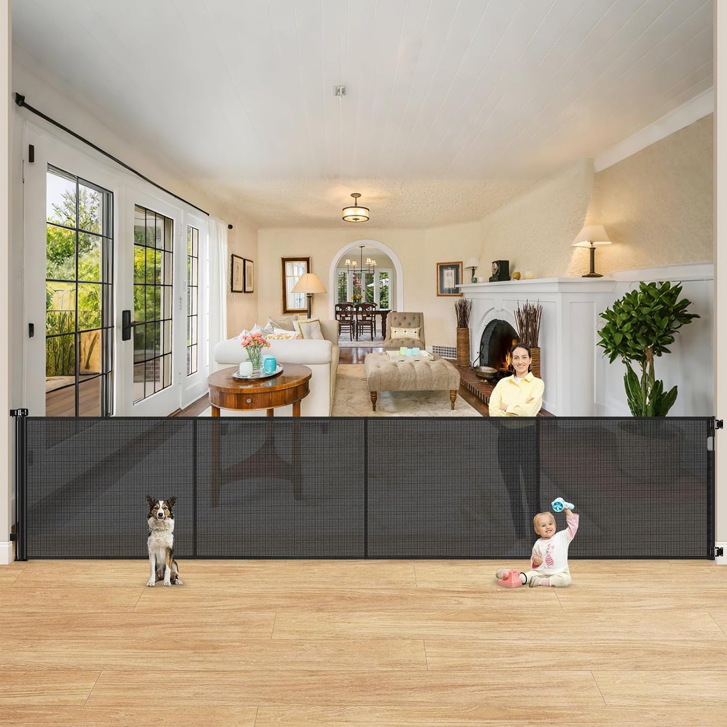 42 Inch Extra Tall Retractable Baby Gates with Reinforced Strips 55 Inch Wide Outdoor Retractable Dog Gate No Sag Extra Tall Baby Gate for Doorway Anti-Scratch Mesh Gates for Kids or Pets, White