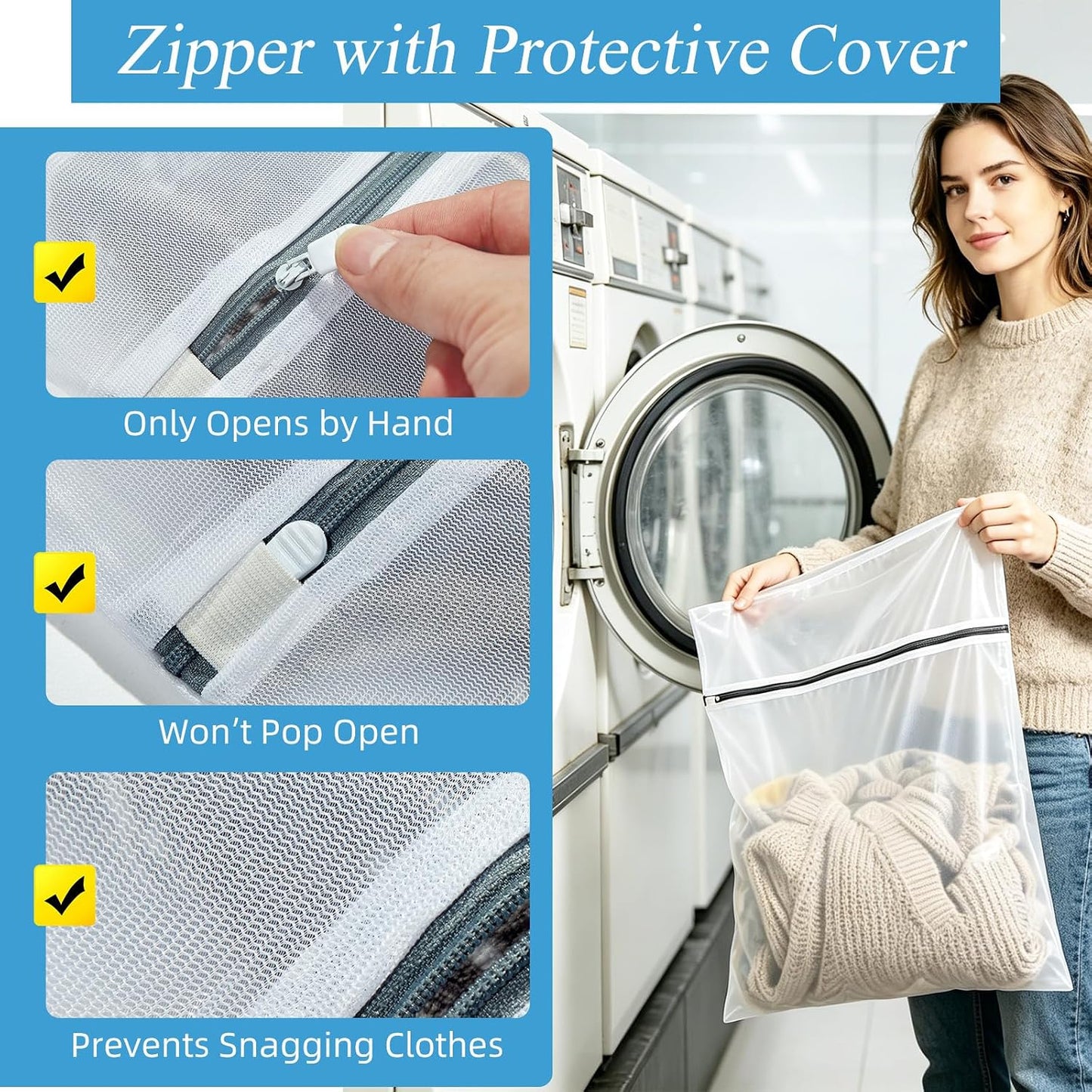 kinice Large Laundry Bag with Zipper Protective Cover, 3Pcs 23x23 Inches Garment Bag for Washing Machine, Mesh Laundry Bags for Delicates, Lingerie, Bras, Baby Clothes, Family College Dorm Essentials