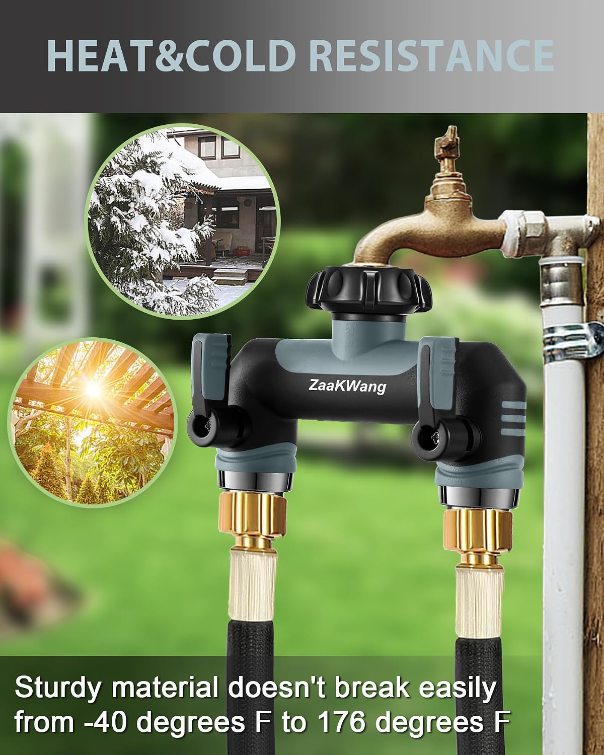 Garden Hose Splitter 2 Way, Heavy Duty Water Hose Spigot Bib Splitter, Outdoor Faucet Splitter with Shutoff Valve, T Adapter Connector with 3/4 - Inch GHT Thread (Grey)