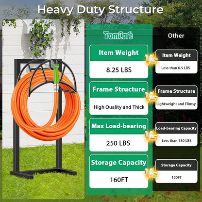 TomCare Garden Hose Holder 4 Spikes Garden Hose Reel Hose Stand Upgraded Water Hose Storage with Tool Hooks Garden Hose Hanger Organizer Holds 160ft Hoses for Outside Yard Lawn, Black