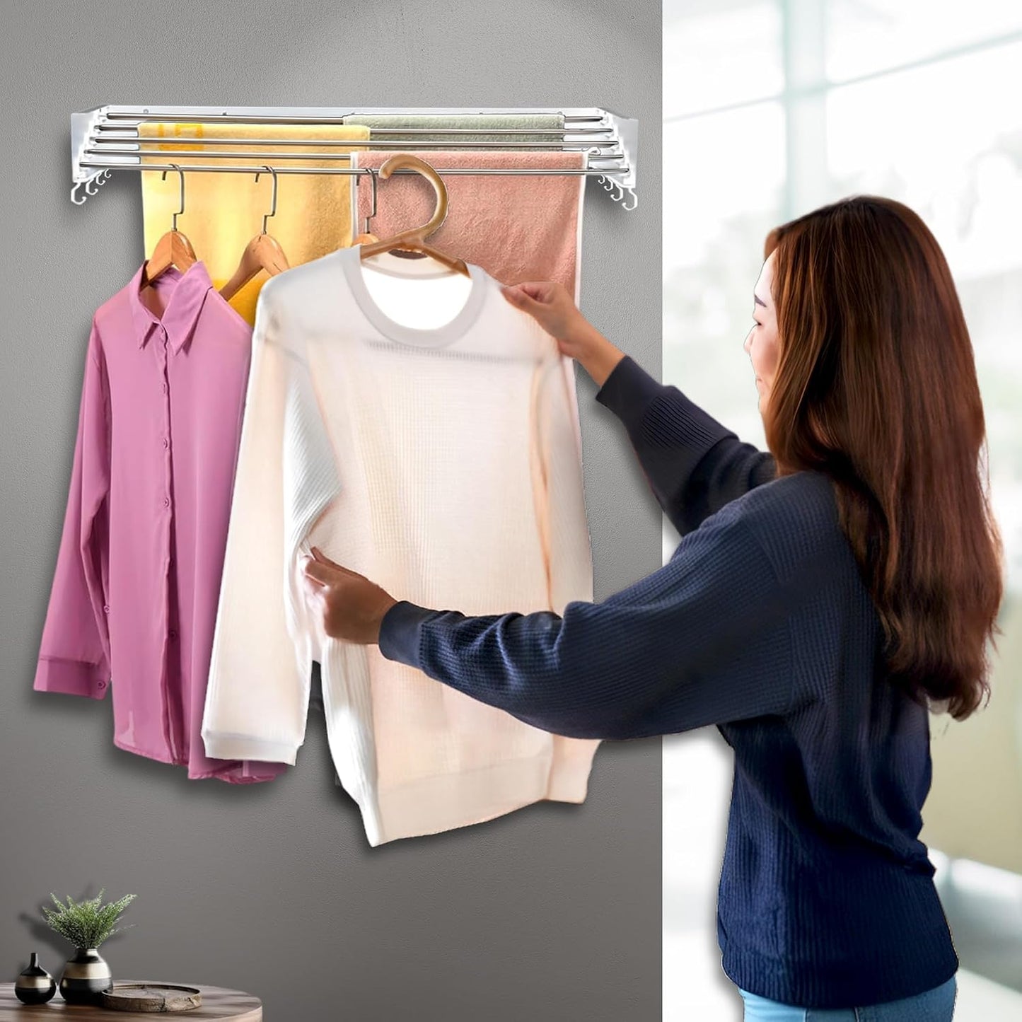 Foldable Wall Mounted Drying Rack - 31.5” Wide, 13.2 Ft Drying Space, 5 Aluminum Rods, Supports Up to 60 lbs - Retractable & Foldable Space-Saving Wall Mounted Clothes Drying Rack (Black)