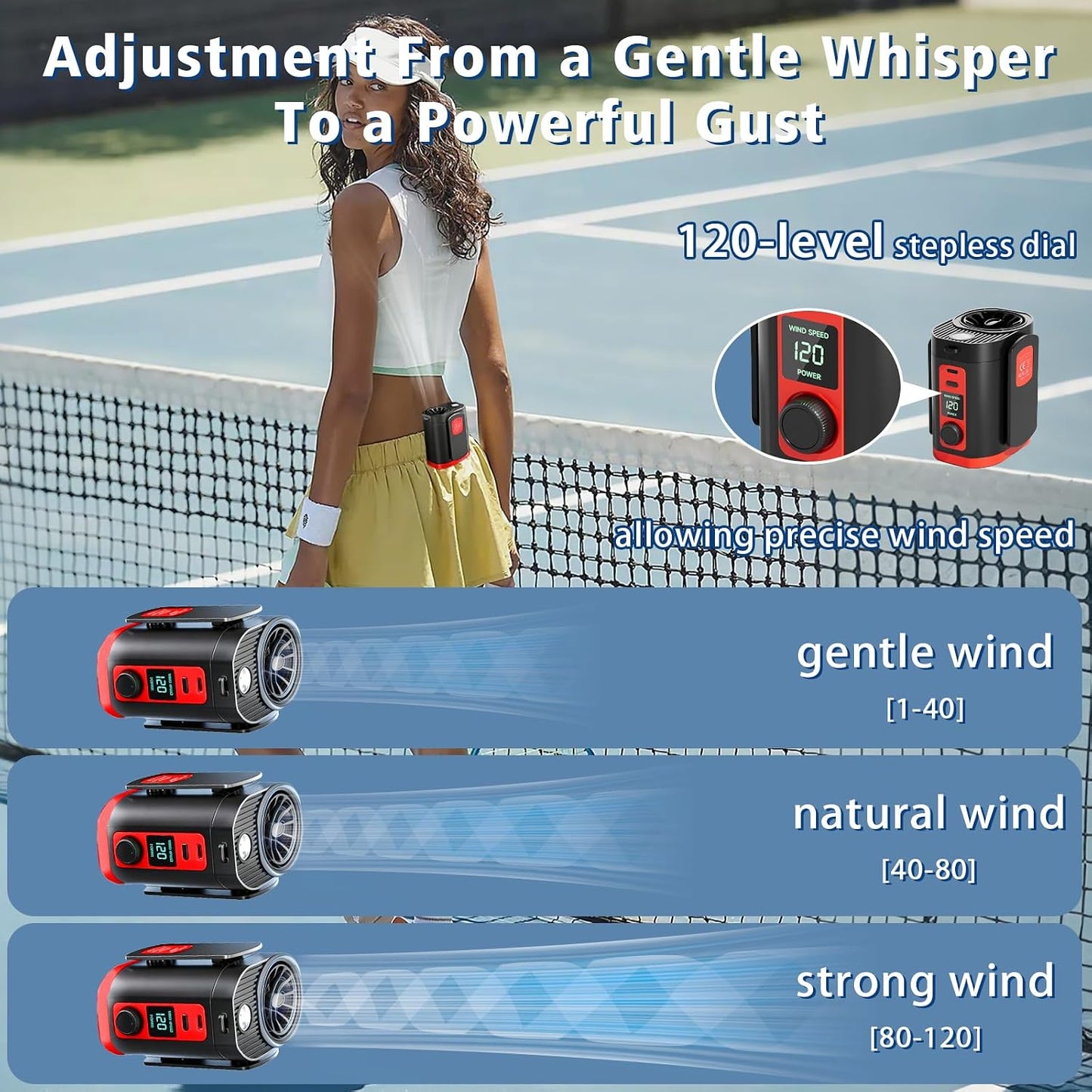 Portable Fan,120-Speed Adjustable Waist Clip Fan Turbo Cooling, Rechargeable Clip-On Personal Fan with LED flashlight,for Outdoor,Travel,Camping