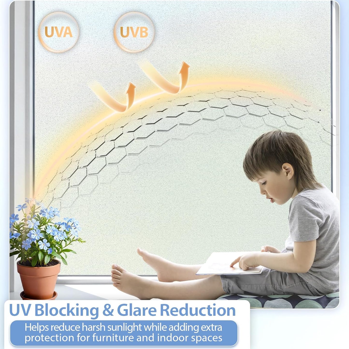 GTJ Frosted Window Privacy Film, Static Cling No Glue Removable Reusable, UV Blocking Glare & Heat Reduction, for Bathroom Glass Door Home Office, 17.5" x 78.7"in