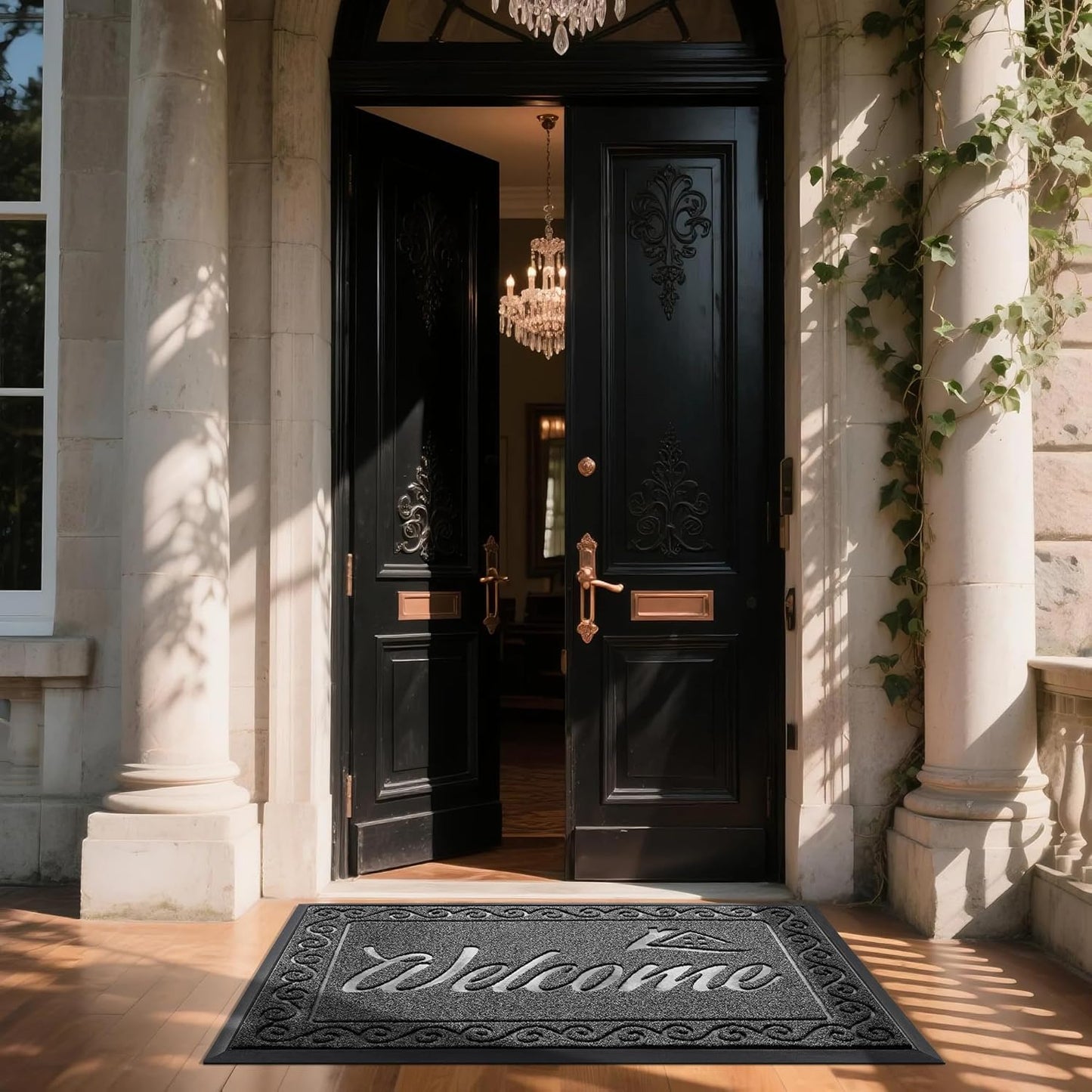 Yimobra Welcome Mat, Heavy Duty Sturdy Door Mats for Home Entrance Outdoor Indoor, Front Doormat for Outside Patio Floor Entry Porch Garage Office, Waterproof, Low Profile, 29.5x17, Black Grey