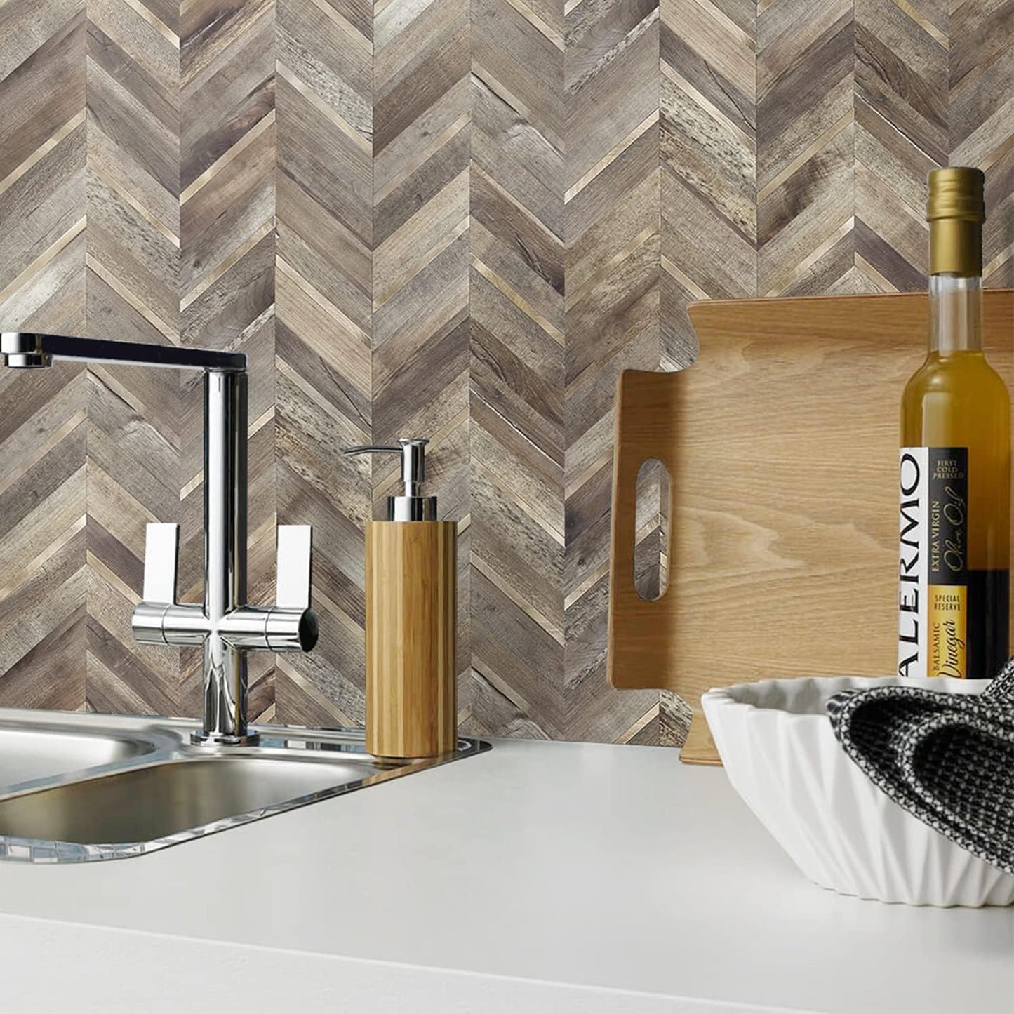 STICKGOO 10-Sheet Herringbone Tile Peel and Stick Backsplash, Beige Mixed Metal Gold PVC Stick on Backsplash, Self Adhesive Wall Tile for Kitchen and Bathroom