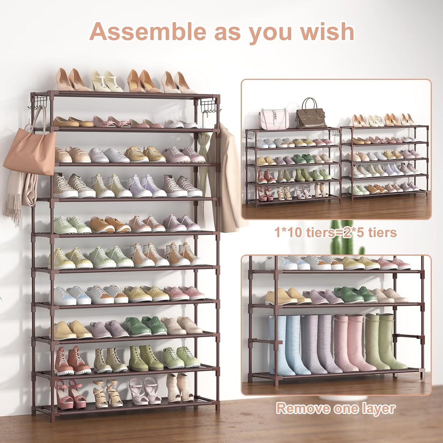 LANTEFUL 10 Tiers Shoe Rack 50 Pairs Large Capacity Tall Shoe Organizer Sturdy Shoe Storage with Two Hooks Space Saving Metal Wide Shoe Rack for Closet, Entryway, Bedroom, Black