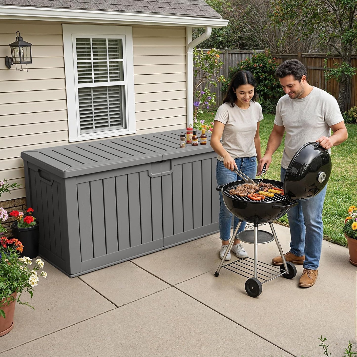 32 Gallon Deck Box Outdoor Indoor Waterproof Storage Box for Patio Furniture, Pool Accessories, Garden Tools, and Cushion Storage, Black