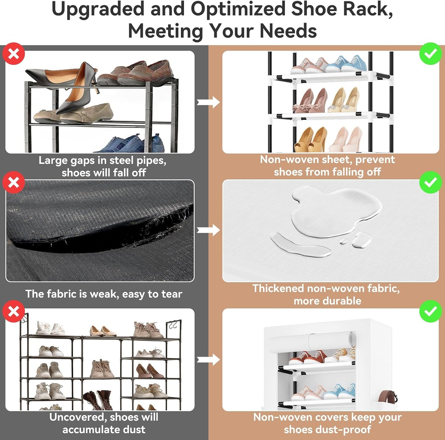 ROJASOP 10 Tier Shoe Rack with Covers,Large Capacity Stackable Tall Shoe Shelf Storage to 50-55 Pairs Shoes and Boots Sturdy Metal Free Standing Shoe Rack Organizer for Closet Entryway Garage