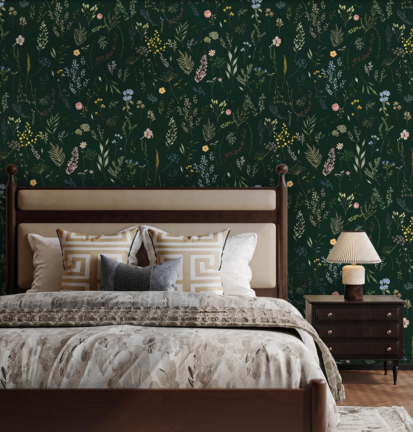 Dimoon 17.3''x78.7'' Vintage Peel and Stick Wallpaper Boho Beige Neutral Contact Paper White Floral Bird Wallpaper Removable Botanical Renter Friendly Modern Wall Paper Bedroom Bathroom Vinyl Roll