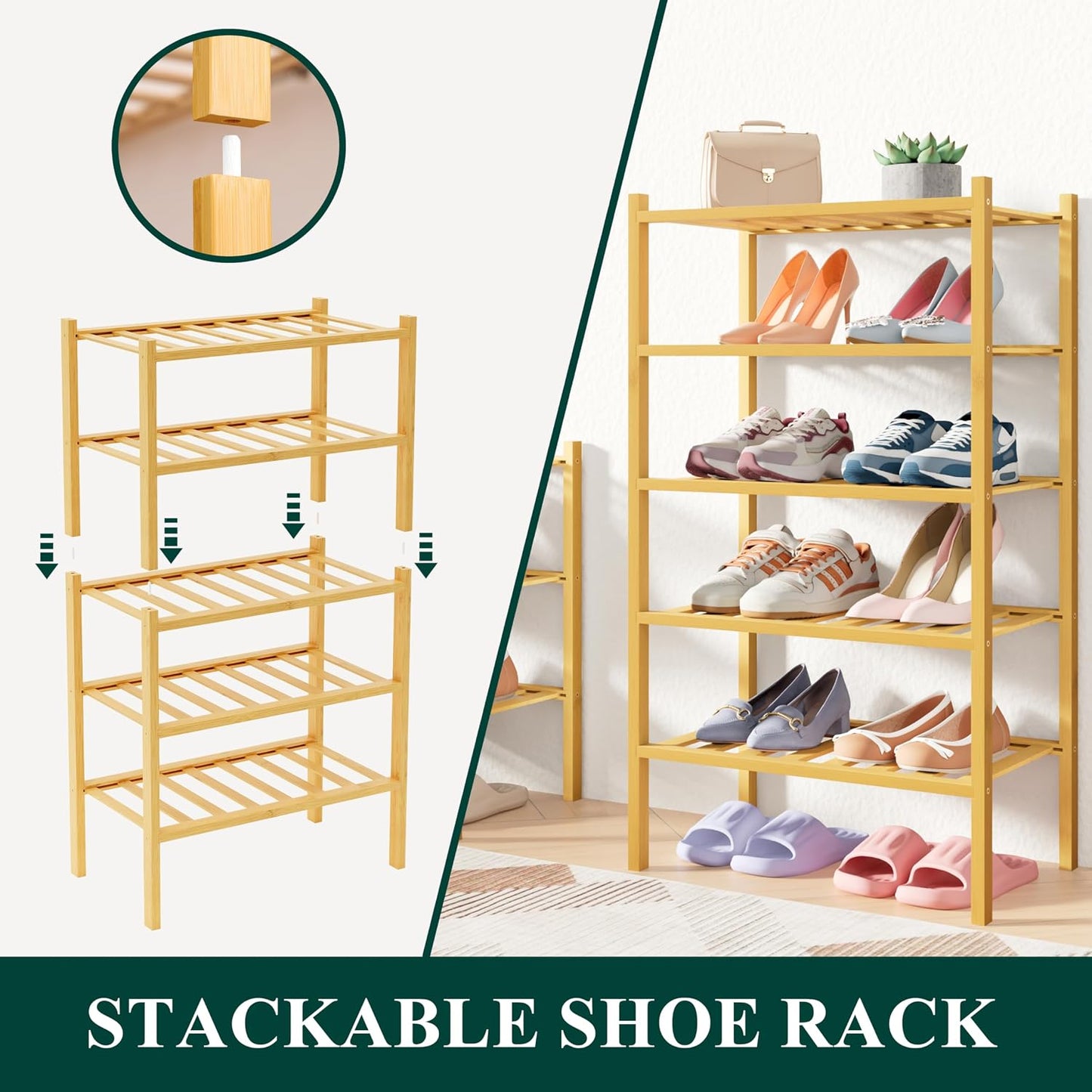 Smiry Bamboo Shoe Rack for Closet, 3 Tier Wooden Shoe Organizer, Stackable Wood Shoe Storage Shelf for Entryway, 14 Vertical Slats, One-piece Heavy-Duty Legs, 26.77"x11.02"x18.31", Natural