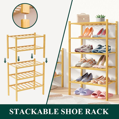 Smiry Bamboo Shoe Rack for Closet, 3 Tier Wooden Shoe Organizer, Stackable Wood Shoe Storage Shelf for Entryway, 14 Vertical Slats, One-piece Heavy-Duty Legs, 26.77"x11.02"x18.31", Natural