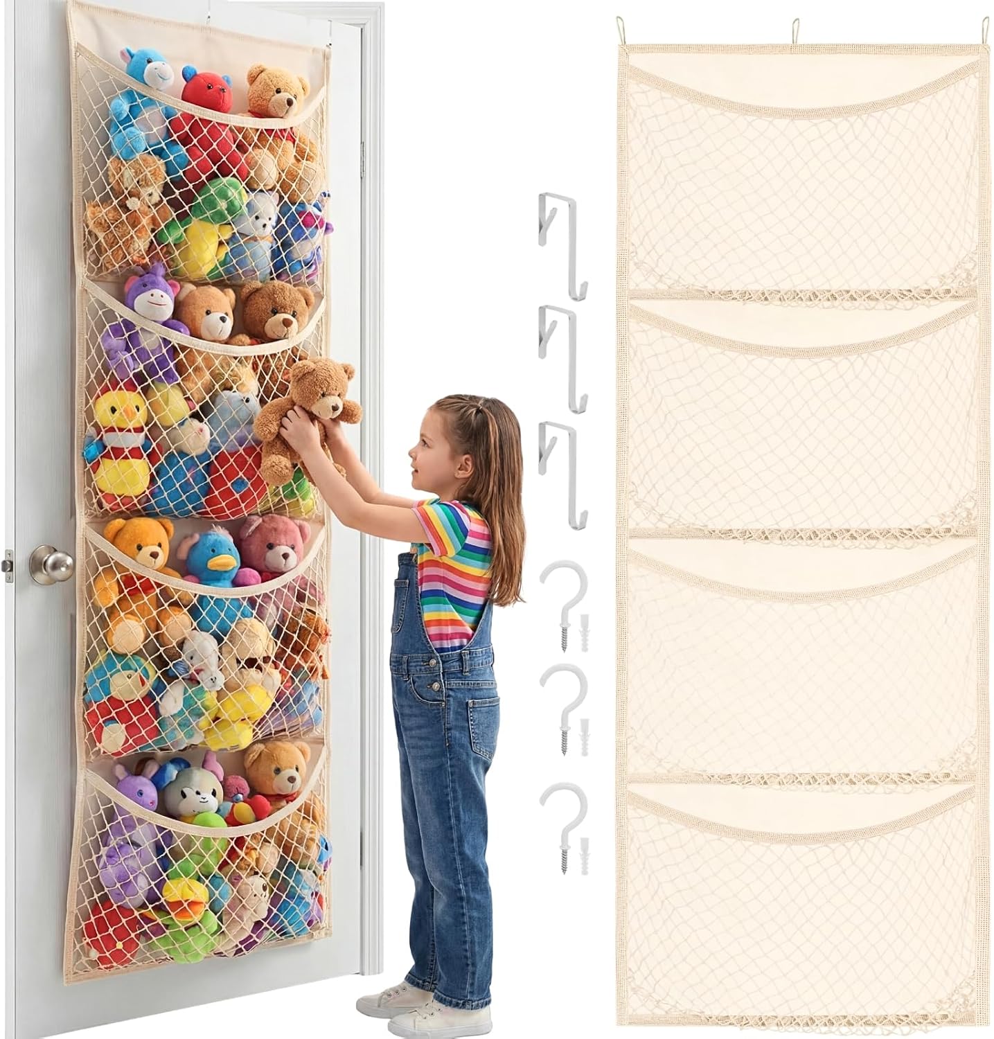 Ofiray-home Cotton Over The Door Stuffed Animal Storage | Toy Organizer for Storage Plush Toys, Stuffed Animal Holder with 4 Large Pockets, Hanging Door Organizer for Nursery