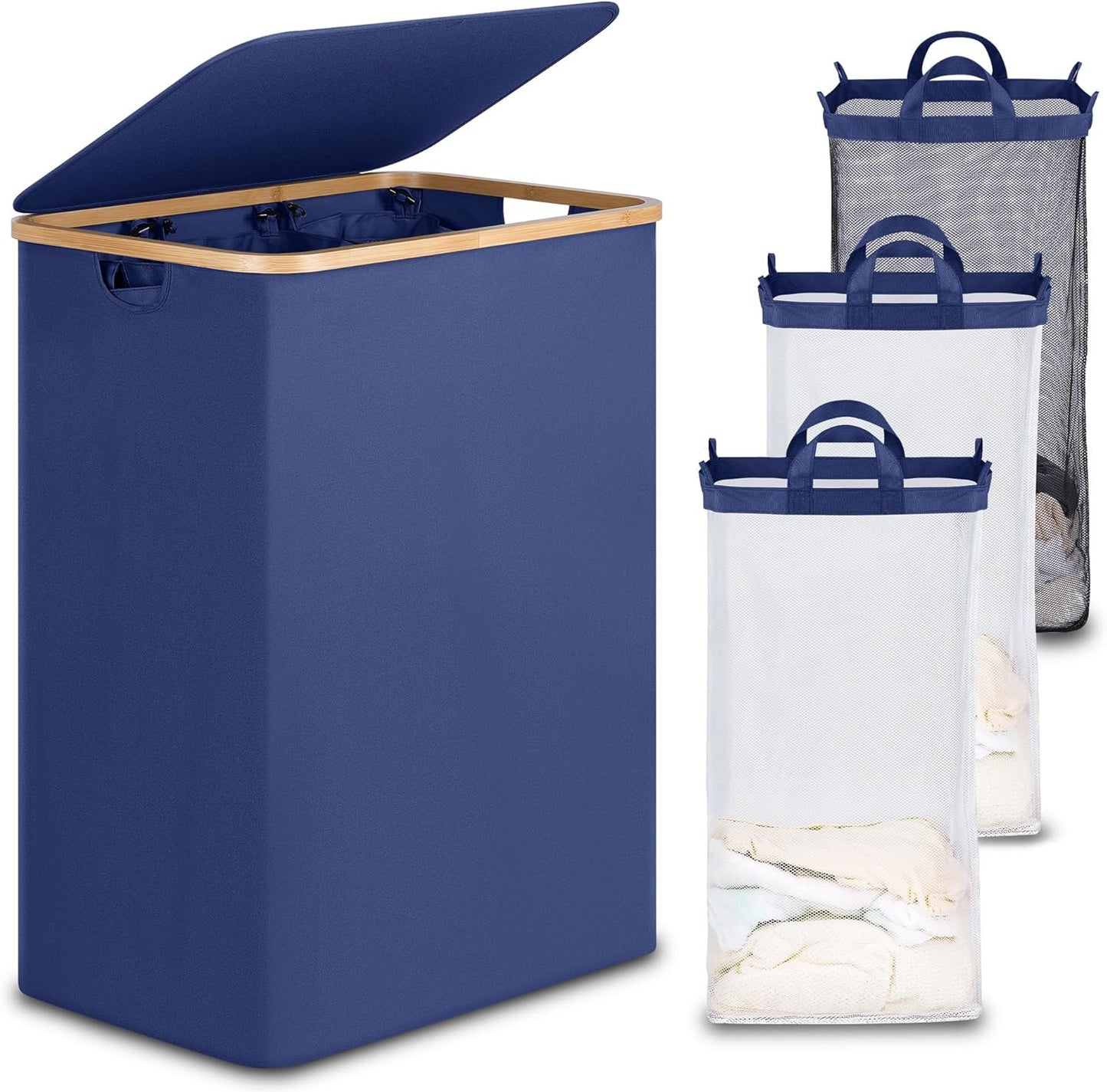 efluky Laundry Hamper with Lid, Trio Laundry Basket with 2 Removable Bags, 3 Section Laundry Bin with Bamboo Handles for Bathroom, Bedroom & Laundry Room, 160L (42.3 Gallon) Beige
