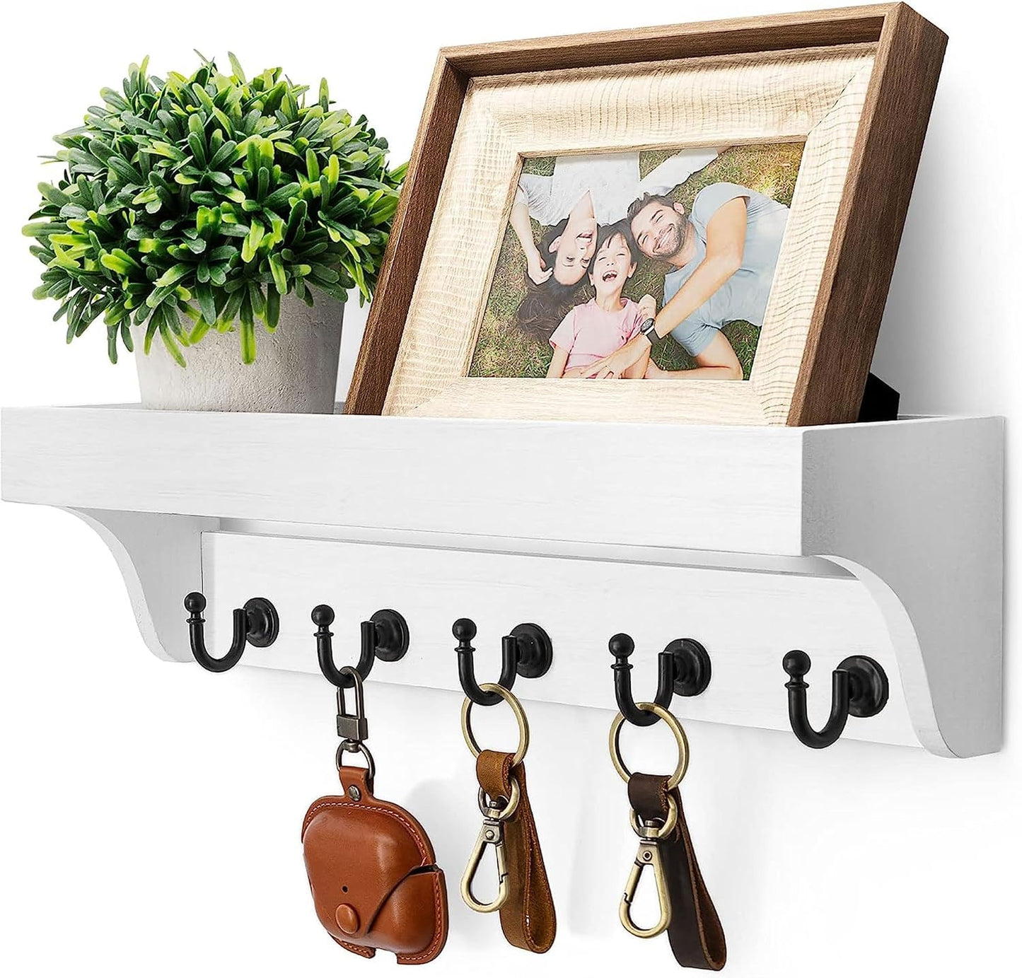 Rebee Vision Farmhouse Key Holder for Wall - Decorative Wooden Mail Organizer with 5 Rustic Key Hooks and Floating Shelf for Home Decor, Hallway, Entryway, Appartment (Retro Brown)
