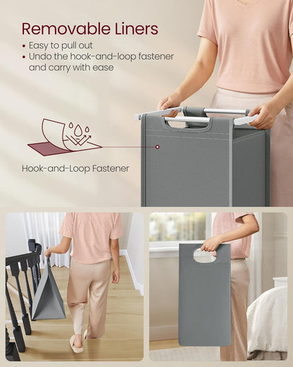 VASAGLE Laundry Hamper, Laundry Basket Sorter with 3 Pull-Out and Removable Bags, Shelf, Metal Frame, 3 x 10.6 Gallons (40 L), 36.4 x 13 x 28.4 Inches, Cappuccino Beige and Natural Beige UBLH301LH01