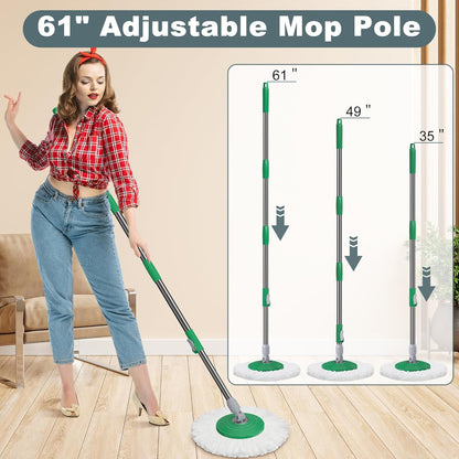Spin Mop and Bucket System, Mop and Bucket with Wringer Set,Mops for Floor Cleaning,Household Supplies Tools with 6 Replacement Refills,61" Extended Handle for Household Hardwood Floor - Green