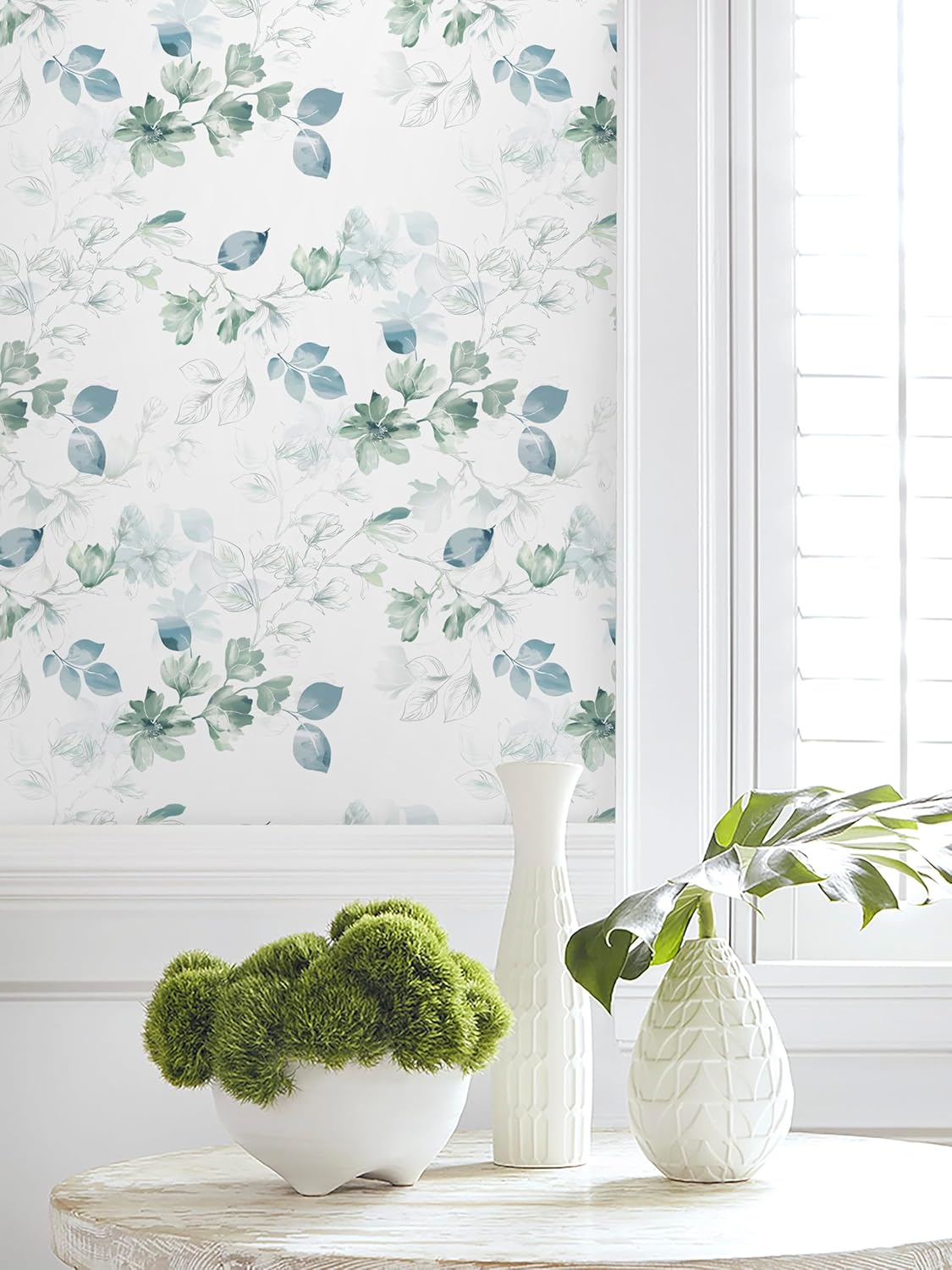 Safiyya Peel and Stick Wallpaper Floral Green and White Leaf Contact Paper for Cabinets 17.3"x 78.7" Self Adhesive Removable Wallpaper for Bathroom Renter Friendly Wall Paper Vinyl Roll