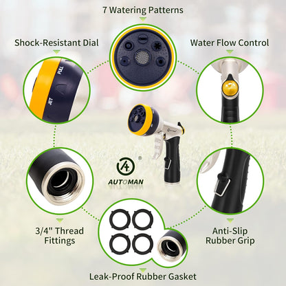 AUTOMAN Garden Hose Nozzle Sprayer - High Pressure 100% Metal Water Spray Nozzle With 4 Patterns - Heavy Duty for Watering Plants, Lawns, Washing Cars & Pets