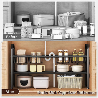 2 Tier Under Sink Organizer Expandable Length/Height Adjustable Heavy | Length/height adjustable fits any cabinet, 4 removable shelves/baskets, anti-wobble feet, for kitchen/bathroom/laundry
