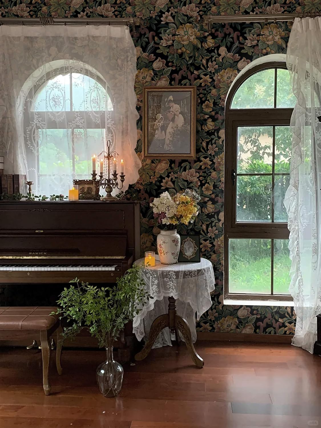 Dimoon 17.3''x78.7'' Peel and Stick Wallpaper Floral Cute Contact Paper Vintage Village Country Cottage Wallpaper Farmhouse Yellow Beige Renter Friendly Geometry Waterproof Embossed Kitchen Bedroom