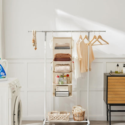 MAX Houser 4-Shelf Hanging Closet Organizer, Space Saver, Cloth Hanging Shelves with 2 Side Pockets, Foldable (Beige)