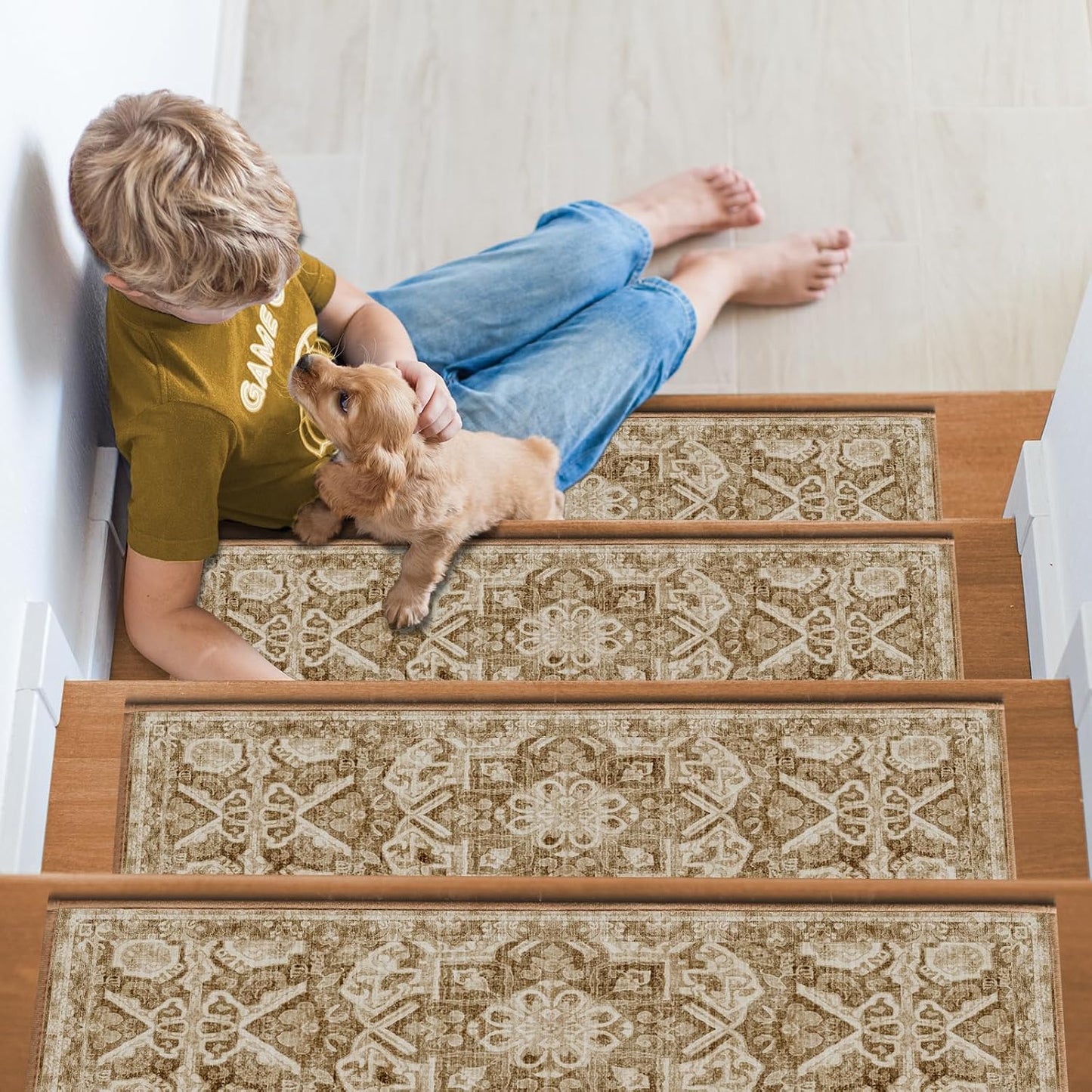 Non Slip Stair Treads for Wooden Steps, 15 Pack 8"x30" Washable Carpet | 8x30 in soft chenille polyester stair treads with reusable TPE backing for indoor wood stairs, dogs, kids, and seniors
