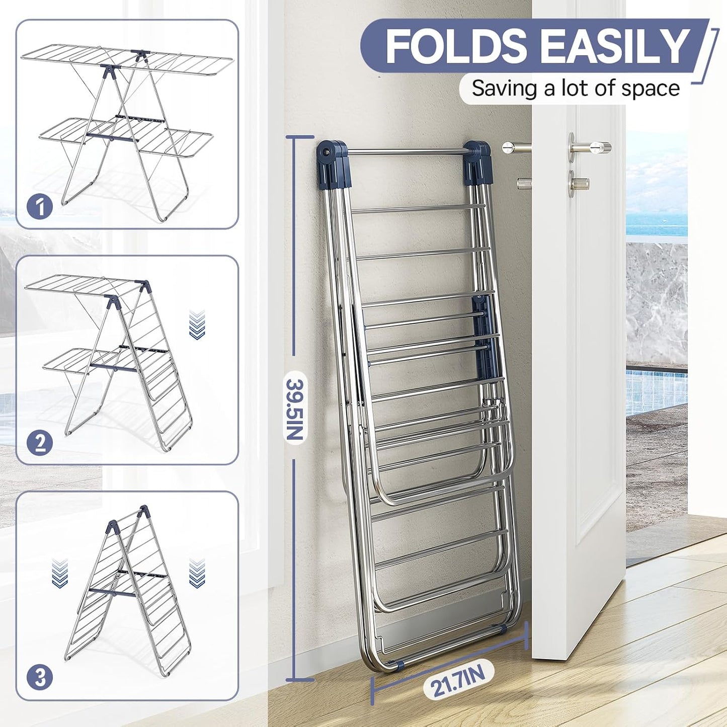 APEXCHASER Large Stainless Steel Clothes Drying Rack, Drying Rack Clothing with Height-Adjustable, Foldable Gullwings Laundry Rack, Indoor Outdoor Use, No Assembly,Black