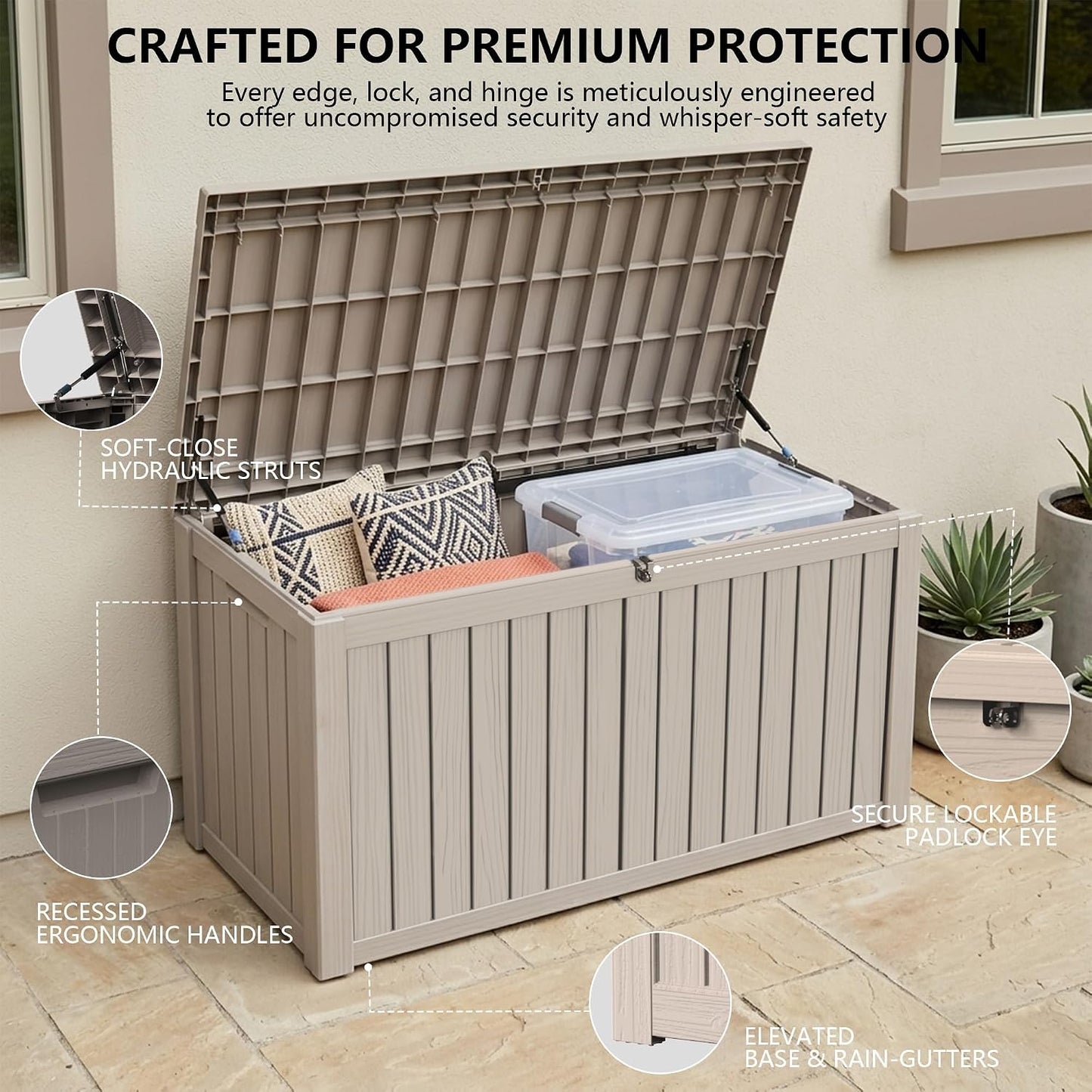 Outdoor Storage Box, 320 Gallon Waterproof Deck Box [Upgraded 3.0], Dual Gas-Spring Ultimate Resin Organizer for King Cushions, Heavy-Duty Lockable Estate Storage Bench, Backyard BBQ, Black