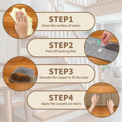 Non-Slip Carpet Stair Treads 15PCS, 8"x30" Peel and Stick Stair Runner for Wooden Steps Indoor, Washable Reusable Adhesive Backing, Pet-Friendly Safety Mats for Kids, Elders, Dogs