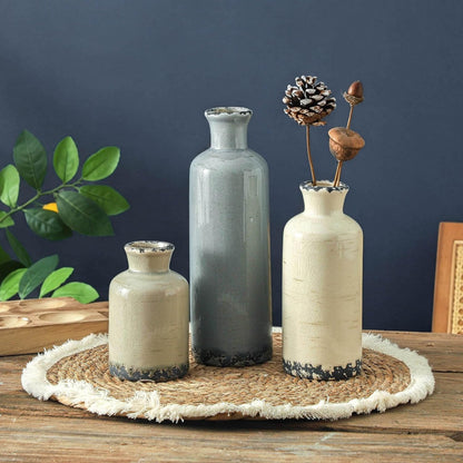 Ceramic Vase Set of 3, Neutral Flower Vases Home Decor, Pottery Rustic Farmhouse Decorative Vases Modern Decor for Table Mantel Entryway Bookshelf Living Room Kitchen Bedroom - Brown