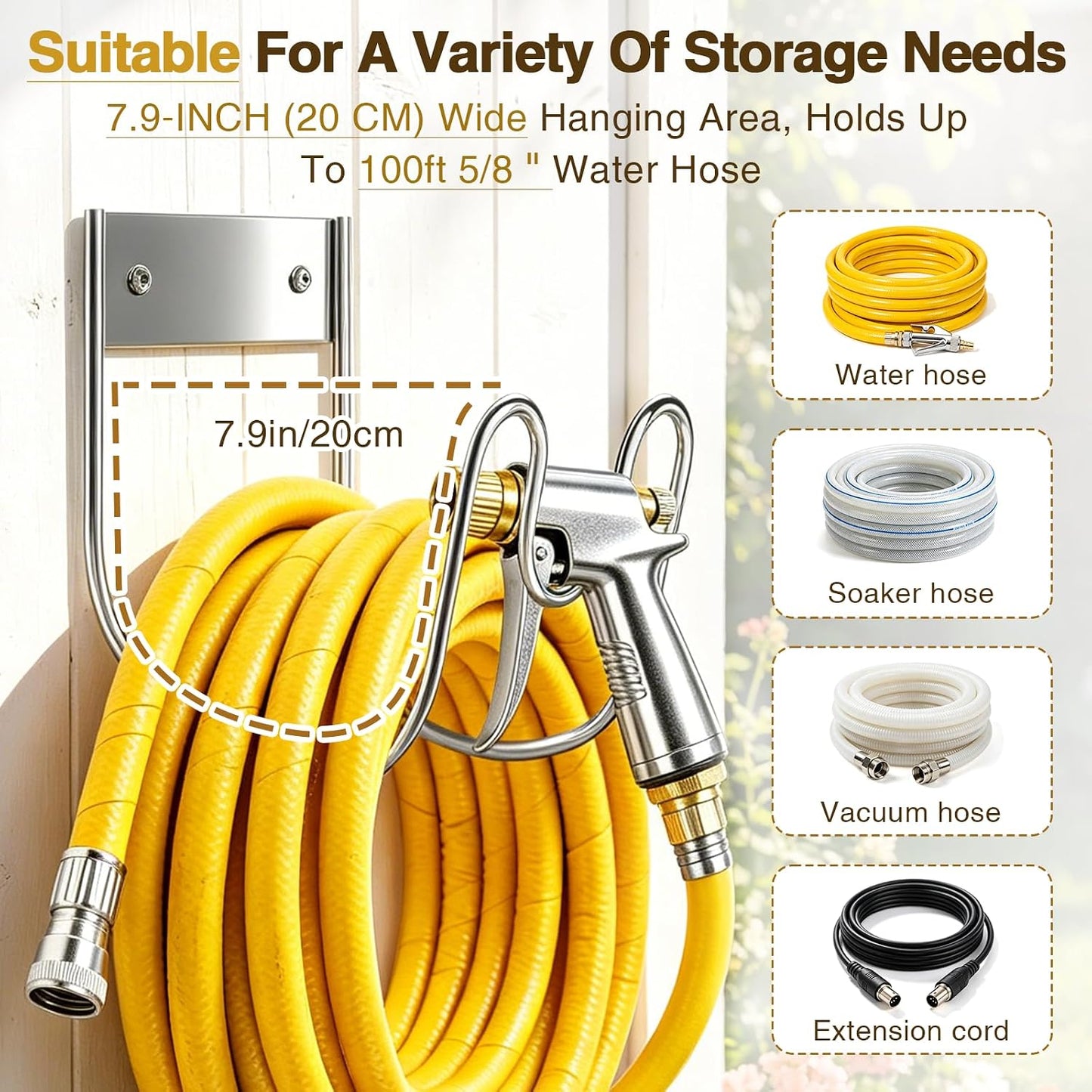 Garden Hose Holder Wall Mount, SS304 Stainless Steel Water Hose Hanger Heavy Duty with Nozzle Groove, 44LB Capacity Outdoor Hose Rack for Extension Cords Vacuum Hose, Silver, 1 Pack