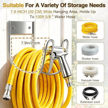 Garden Hose Holder Wall Mount, SS304 Stainless Steel Water Hose Hanger Heavy Duty with Nozzle Groove, 44LB Capacity Outdoor Hose Rack for Extension Cords Vacuum Hose, Silver, 1 Pack