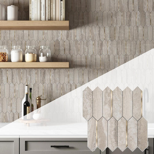 KASARO Peel and Stick Backsplash Long Hexagon Wall Tile, 10-Pieces PVC Self Adhesive Mosaic Tiles, Marble Beige Slate with Vintage Gold Stripes Decorative for Kitchen, Bathroom and Fireplace