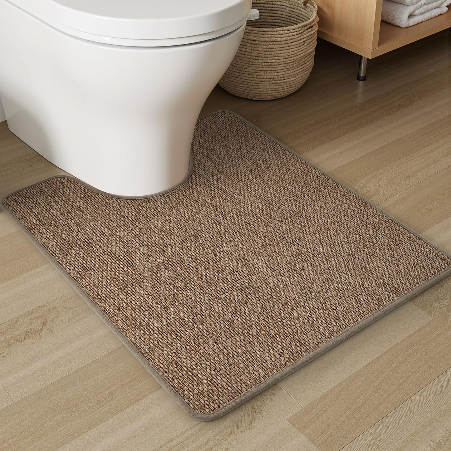 PADOOR Non-Slip Bath Mat With Rubber-Backing, Braided Absorbent Machine Washable Thin Rug for Bathroom Floor, Quick Dry, Fits Under Door, 17''x24'' Beige