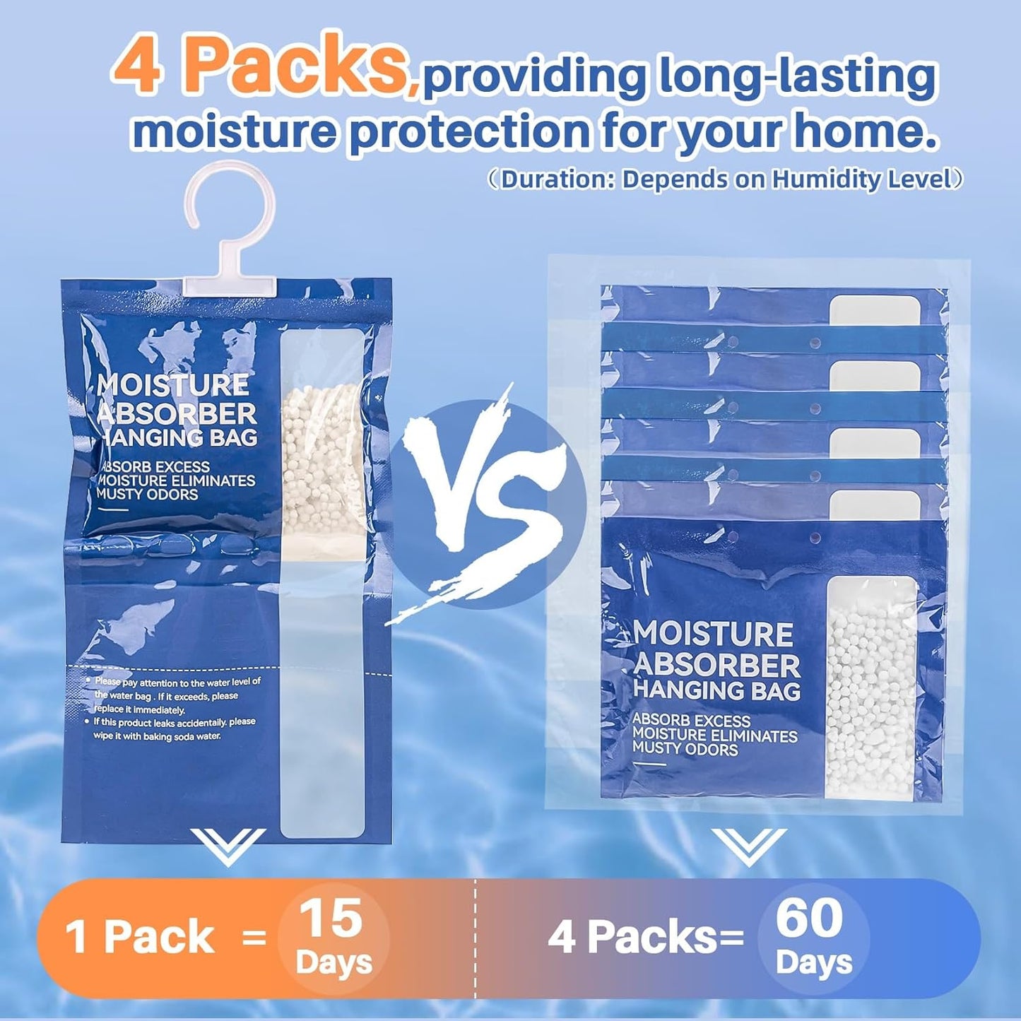 RAINFLOW Dehumidifier Bags Hanging Moisture Absorbers - 4 Packs Dehumidifiers for Home Closet Bathroom Basement, Hanging Bag Desiccant Packs for Bedroom RV Camper, Odor Absorber Household Essentials