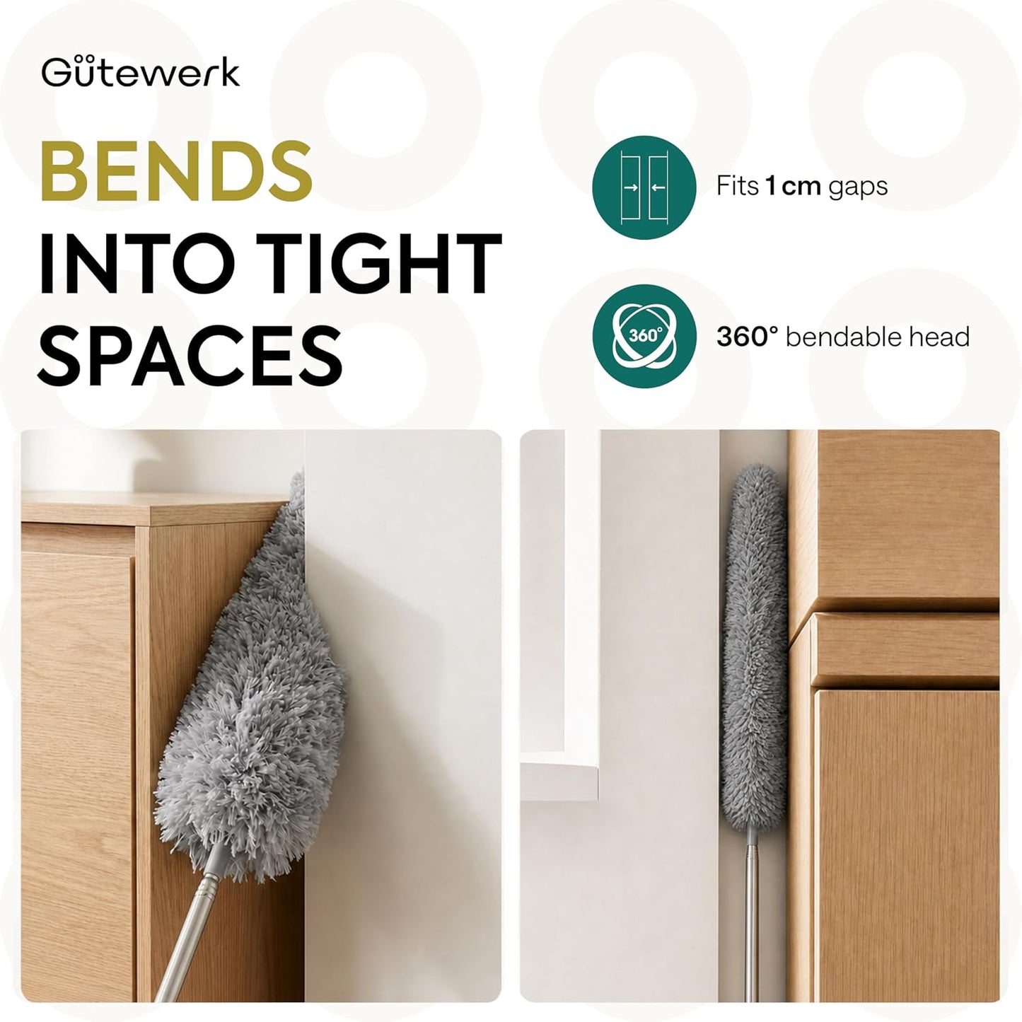Gütewerk Extendable Microfiber Duster, 55 Inch - Feather Dusters for Cleaning Ceiling Fans, Blinds, Baseboards & High Ceilings - Washable, Electrostatic, 360° Bendable Head, Stainless Steel Pole