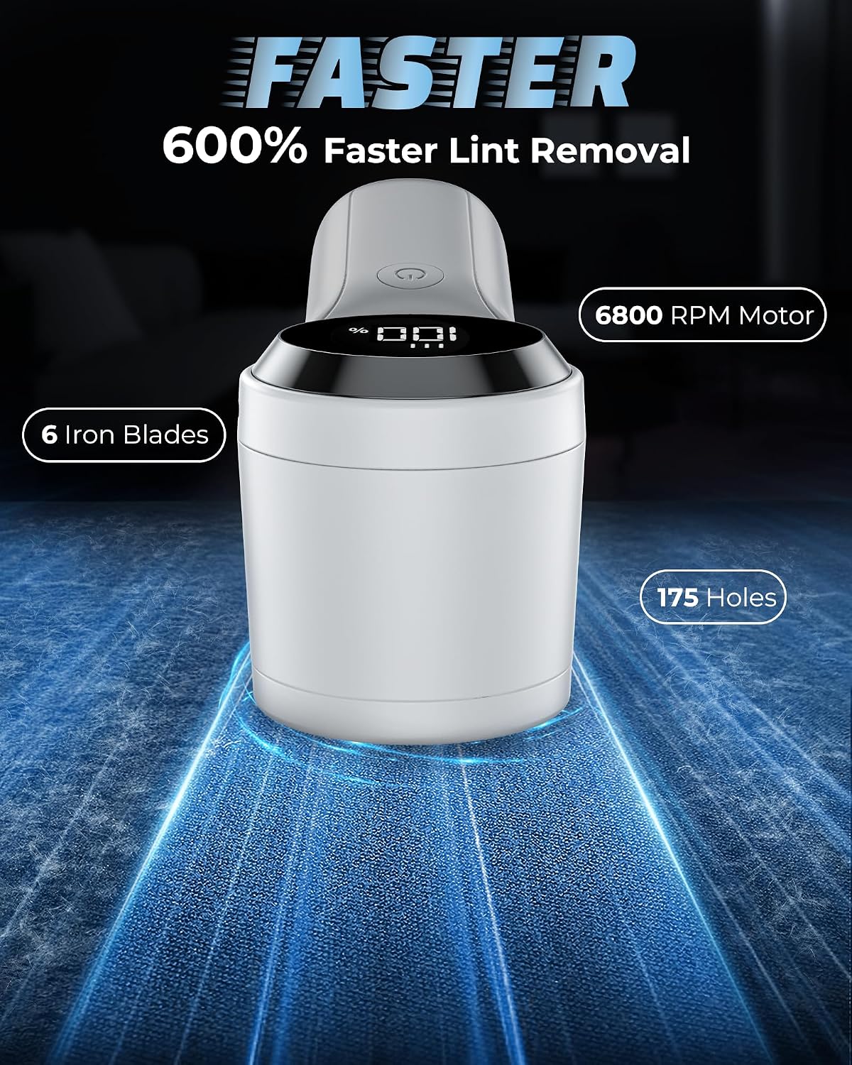 FrSara Fabric Shaver, Rechargeable Lint Remover, 3-Speed Electic Lint Shaver, 6-Blade Sweater Shavers to Remove Pilling, Battery Powered with LED Display for Furniture,Clothes, Upholstery, Black