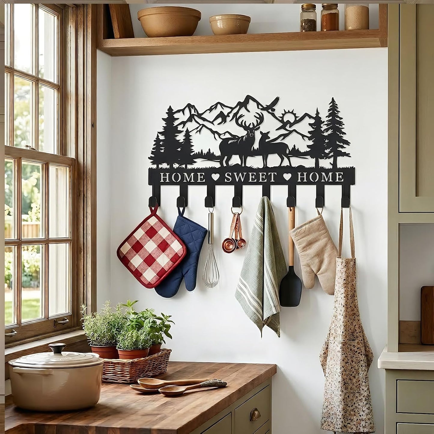 Deer Mountain Metal Key Holder Wall Mount Key Holder for Wall Rustic Cabin Decor Key Rack Hooks Hanger Woodland Wildlife Wall Art Entryway Organizer Housewarming Hunting Gifts