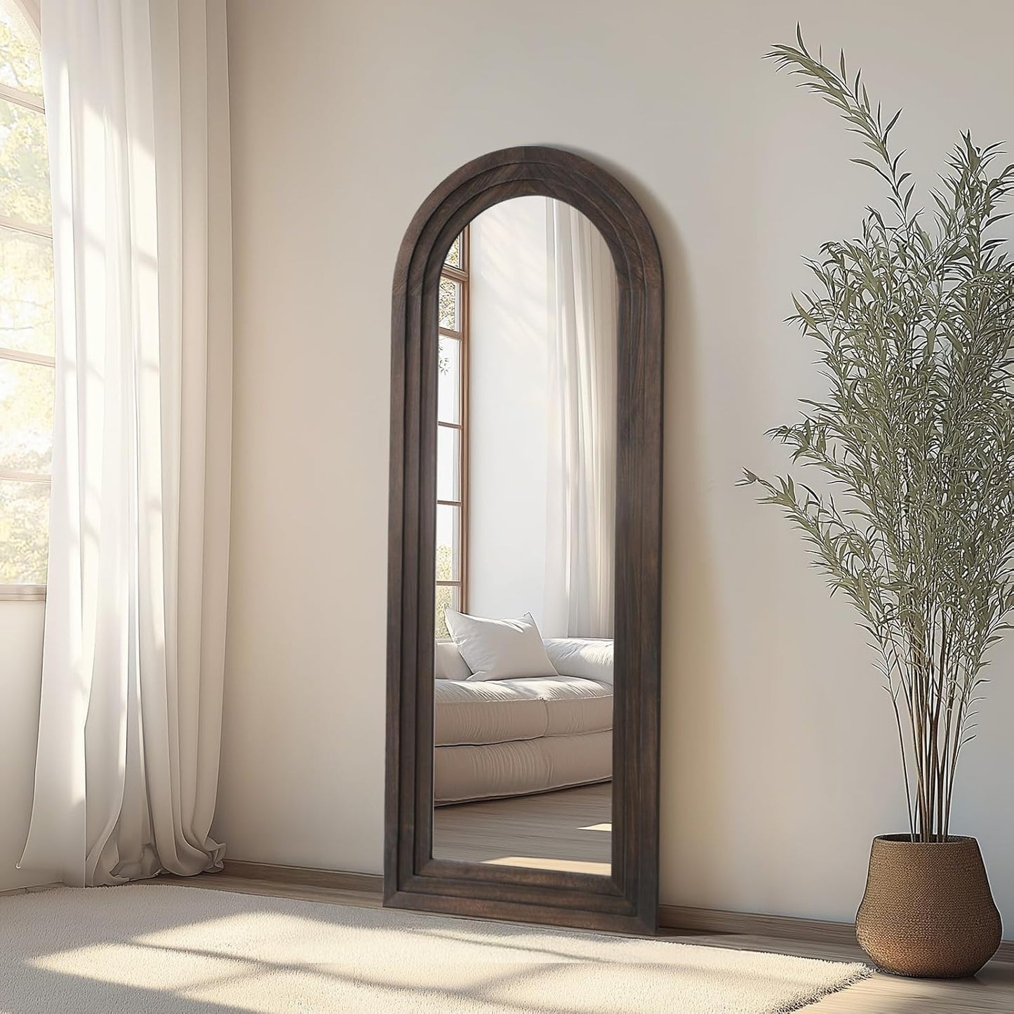 MELOMOIR Arched Full Length Mirror with Solid Wood Frame, 56"x21" Rustic Farmhouse Floor Mirror with Stand, Free Standing Leaning Hanging, for Bedroom Living Room Dressing Room Entryway, Brown