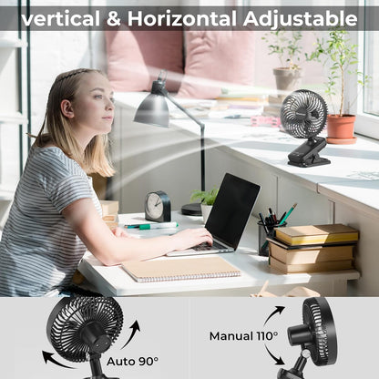 10000mAh Portable Fan with Clip, Rechargeable Clip On Fan with Light & Hook, 3 Strong Airflow & Timer, Battery Powered, Clamp On Desk Fan for Travel Outside Camping Sleep Bedroom Office RV Hurricane
