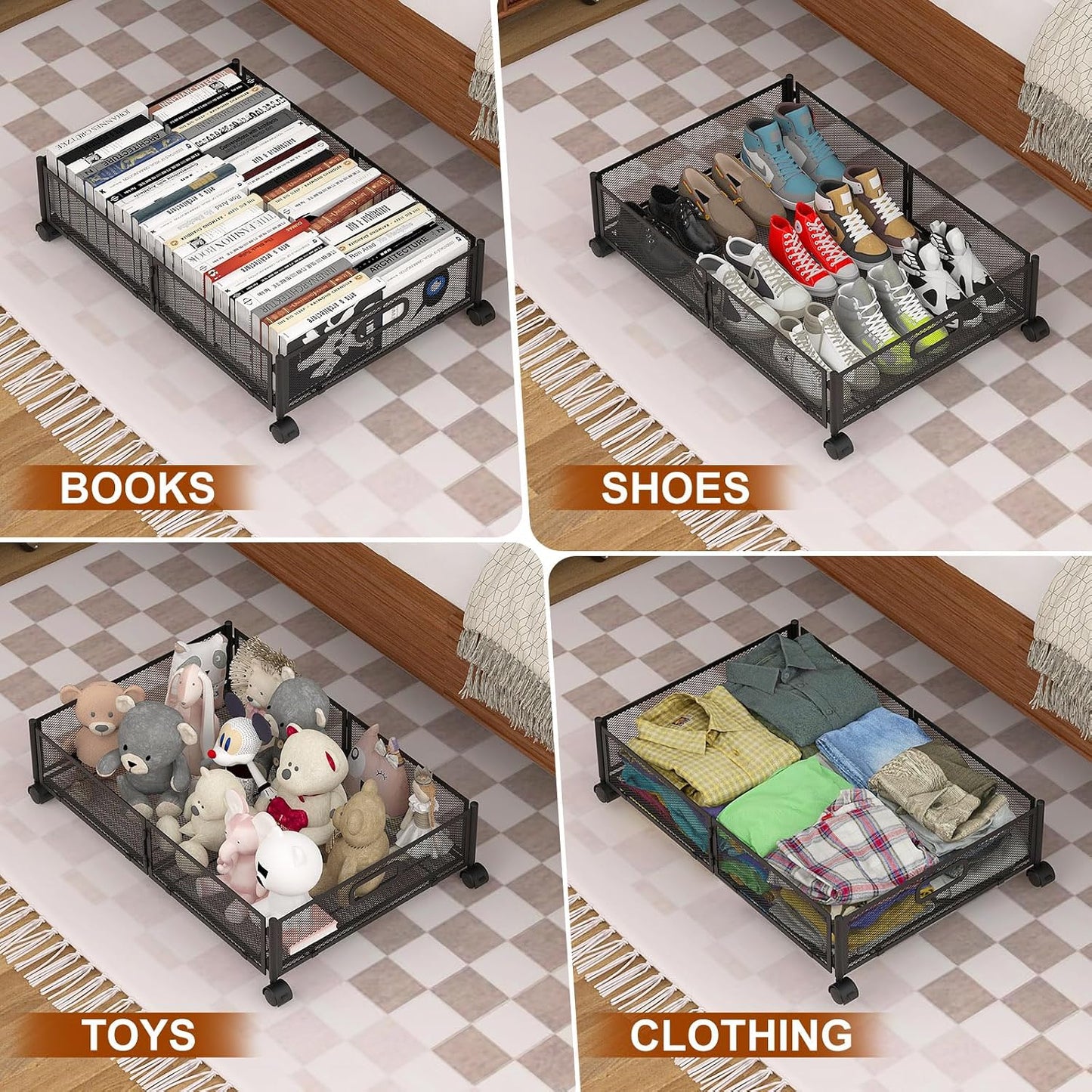 Under Bed Storage Containers,2 Pack Foldable Underbed Storage Containers with Handles and Wheels,Folding Bed Shoes Clothes Organizer,Easy Assembly Underbed Storage for Toy ,Bedding,Bedroom(Black)