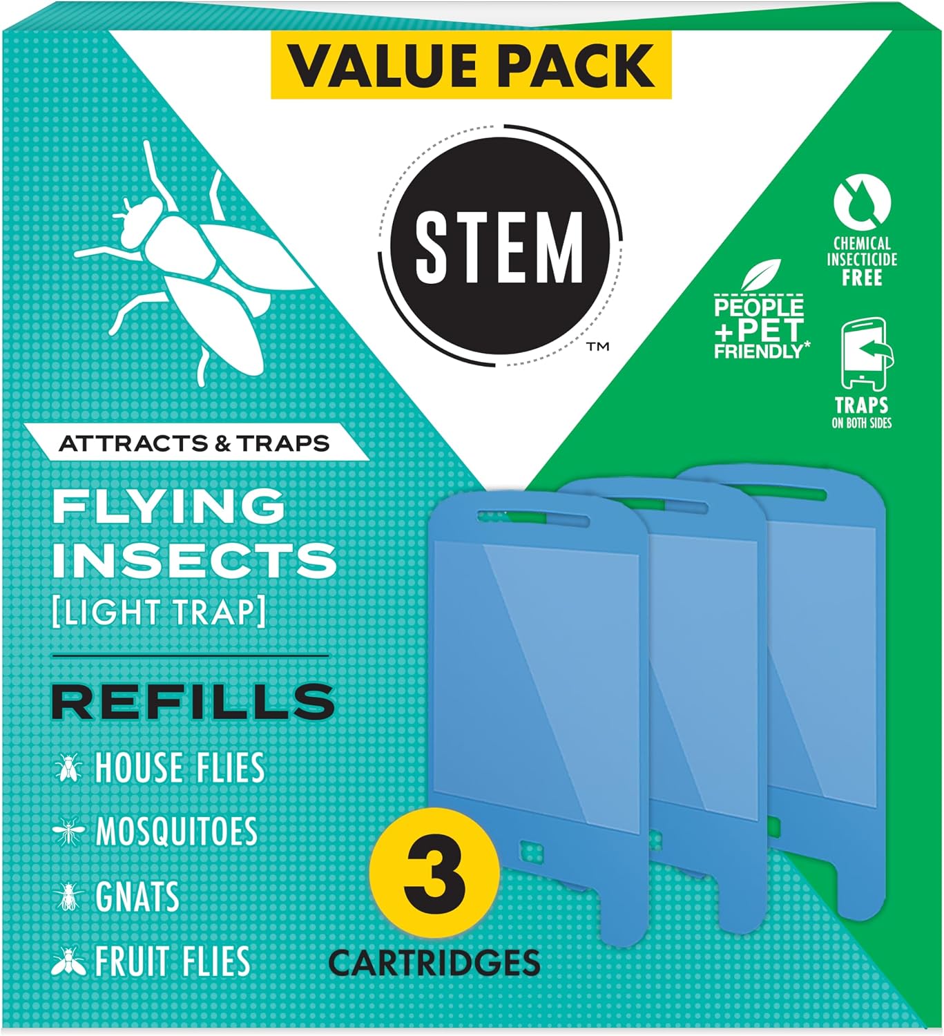 STEM Insect Light Trap Refill Cartridges, Indoor Fruit Fly Trap, Insecticide-Free Pest Control for Home, Attracts and Traps Flying Insects, Official STEM Refills - 3 Count