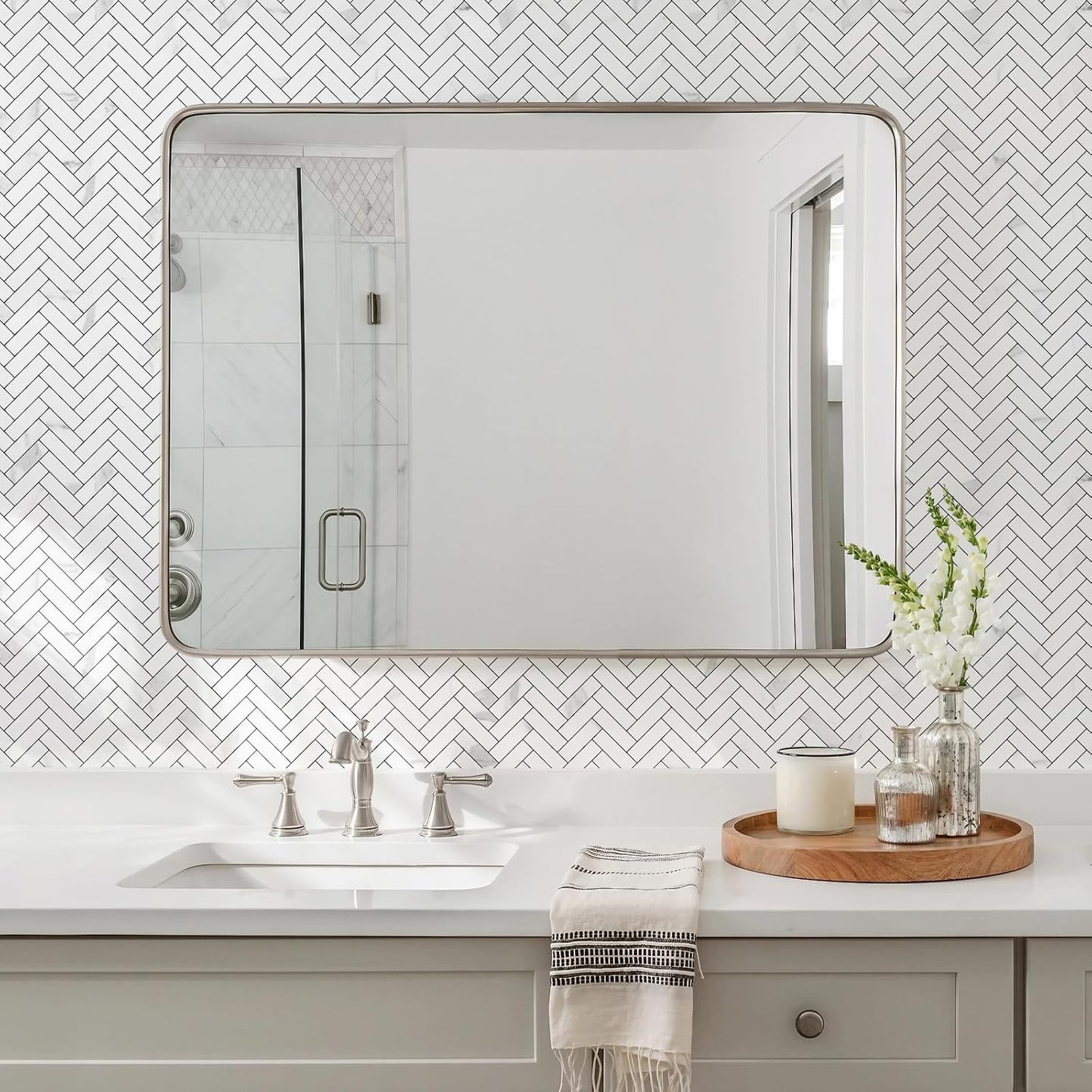 STICKGOO 10 Sheets Herringbone Peel and Stick Backsplash, Stick on Aluminum Composite PVC Kitchen Backsplash, Marble White Mixed Light Grey Look Self Adhesive Wall Tiles