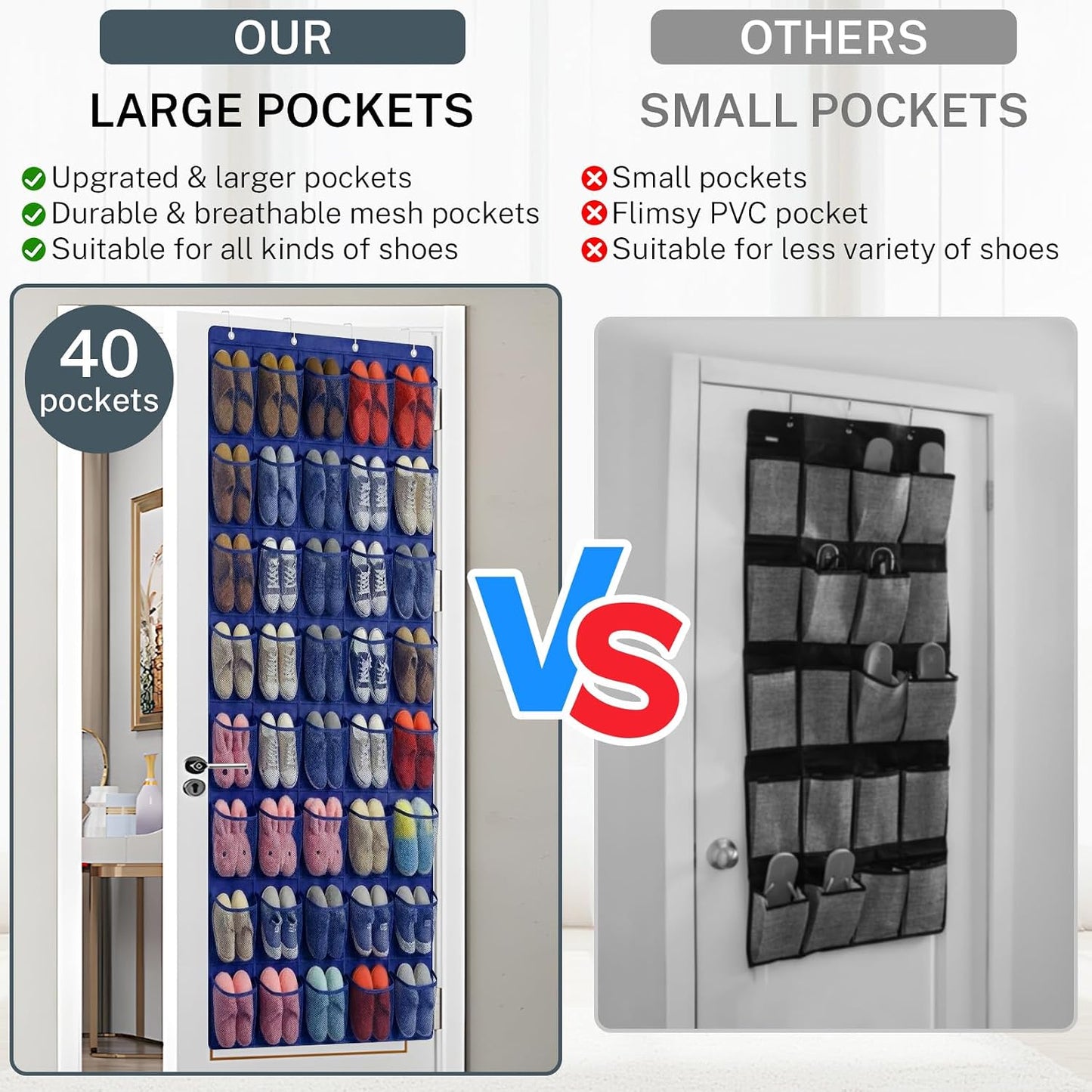 40 Large Mesh Pocket Over the Door Shoe Organizer,Hanging Shoe Rack for Door,Hualleko Shoes Organizer Hanger with Large Capacity, Shoes Storage Holder Sturdy Non-woven Fabric - Stores 20 Pairs (White)