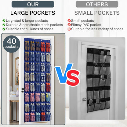 40 Large Mesh Pocket Over the Door Shoe Organizer,Hanging Shoe Rack for Door,Hualleko Shoes Organizer Hanger with Large Capacity, Shoes Storage Holder Sturdy Non-woven Fabric - Stores 20 Pairs (White)