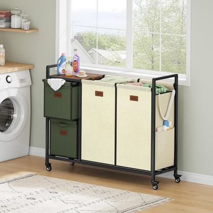 Hoctieon 4 Section Laundry Cart, 48 Gal. (182L) Laundry Hamper with Lid, Laundry Basket with Wheels, Rolling Laundry Sorter Organizer with Shelf, Clothes Separator with Removable Bags, Black