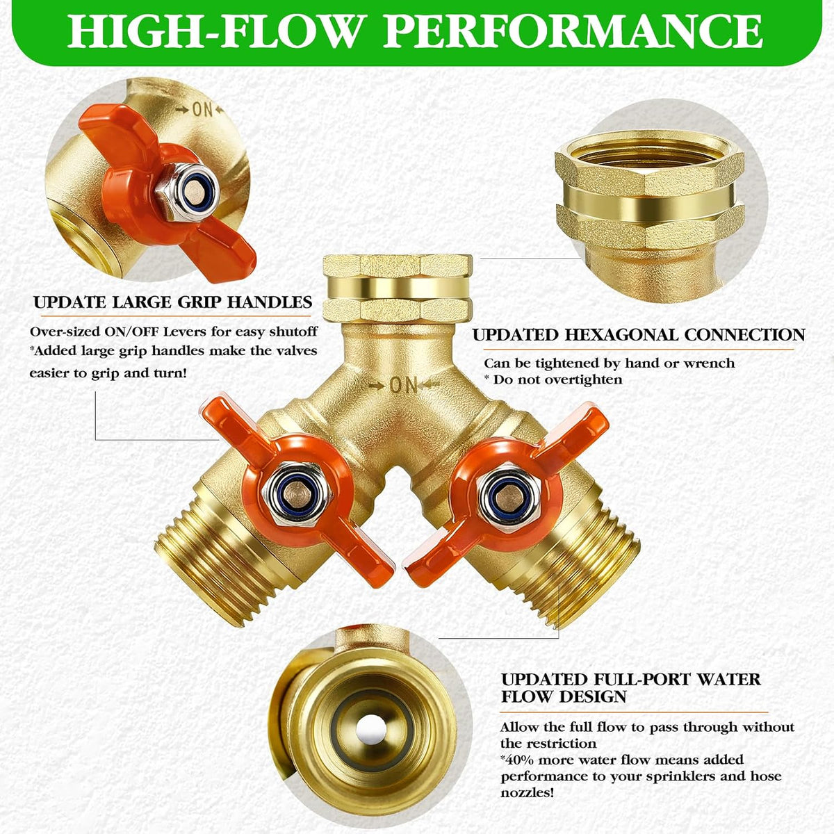 IPOW Upgrade Full Flow Garden Hose Splitter with Stainless Steel Handle, Brass Heavy Duty 2 Way Y Valve Garden Hose Splitter High Flow Spigot Splitter + 6 Rubber Hose Washers with Comfort Grip Use